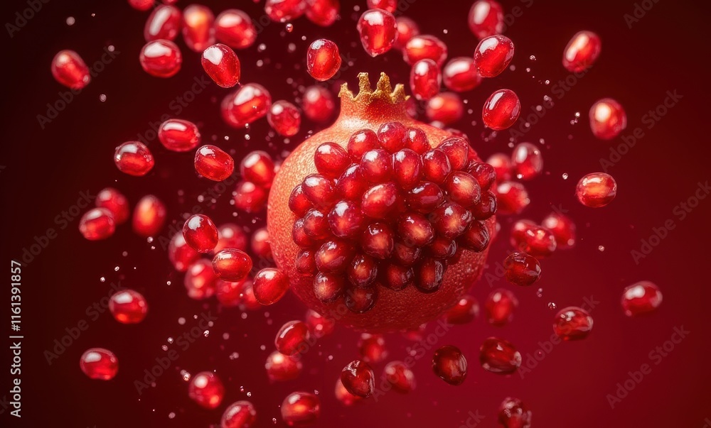 Vibrant pomegranate seeds splashing in red Vibrant pomegranate seeds splashing in red