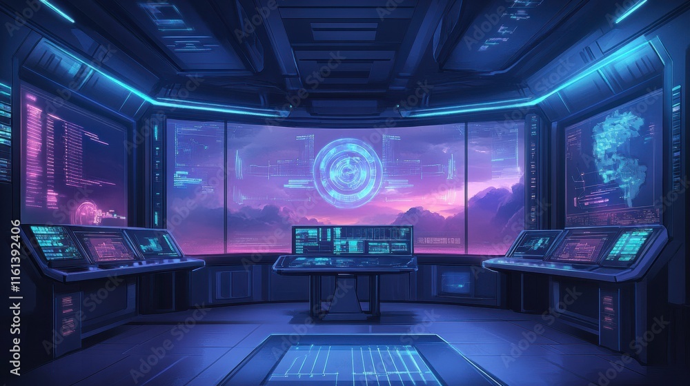 A cloud computing system imagined as a futuristic control room with holographic data projections, minimalist style A cloud computing system imagined as a futuristic control room with holographic data projections, minimalist style
