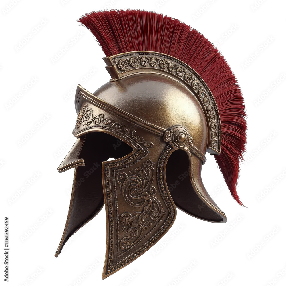 Fototapeta premium Intricately designed Roman helmet adorned with a striking red plume isolated against a white background, symbolizing ancient military prowess and honor