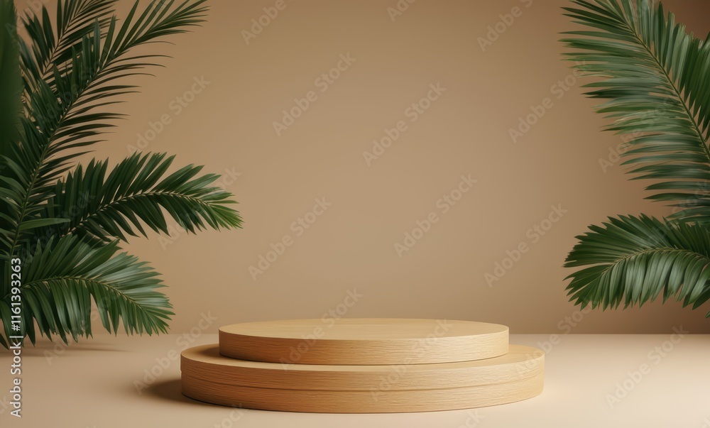 Minimalist display with wooden podium and greenery. Minimalist display with wooden podium and greenery.