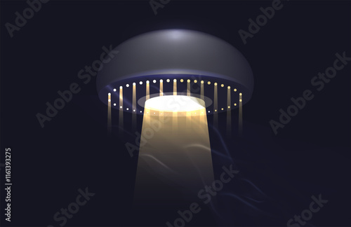 Alien spaceship emitting light beam in the blue sky. Ufo Uap concept, Unidentified Flying Object Saucer, cartoon style. Extraterrestrial visitors.