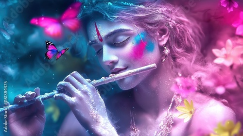Enchanting Krishna Playing Flute Fantasy Art Mystical Colorful Butterflies Flowers Spiritual
