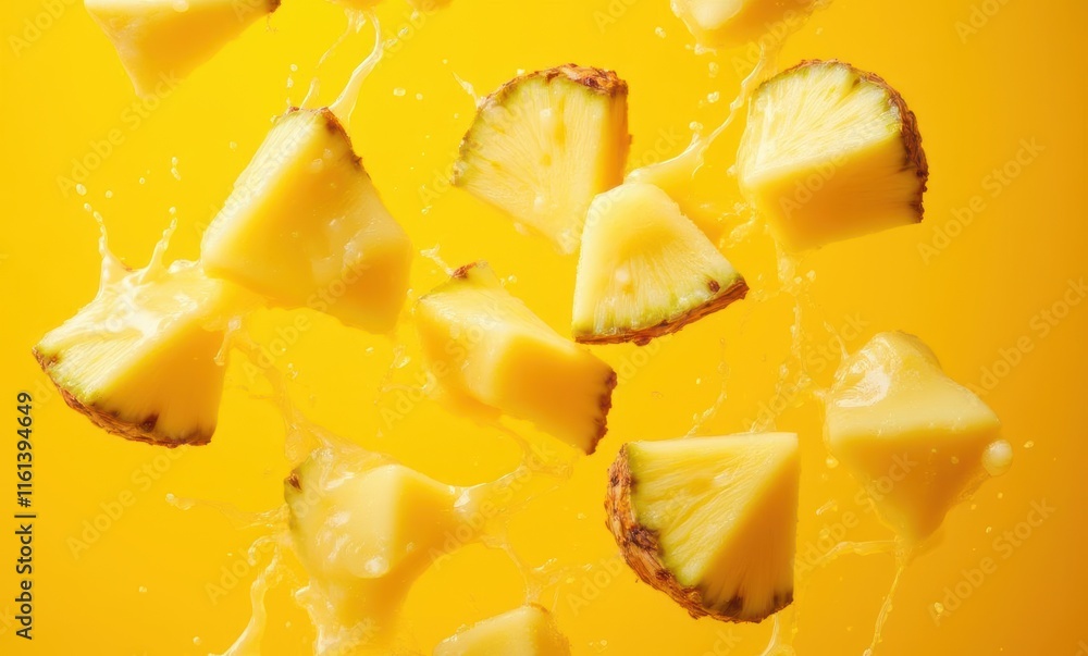 Juicy pineapple slices splashing vibrant yellow. Juicy pineapple slices splashing vibrant yellow.