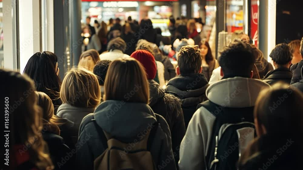 Crowds of black Friday shoppers from behind pouring into a department store before sunrise in the USA Crowds of black Friday shoppers from behind pouring into a department store before sunrise in the USA