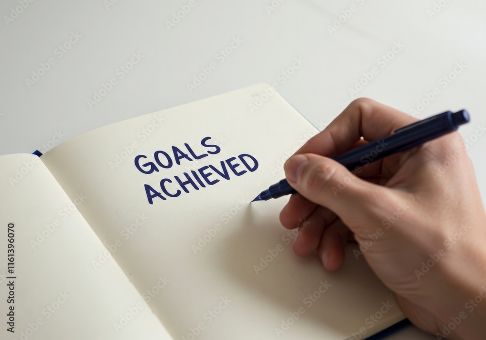 A hand writing 'Goals Achieved' on a blank page of a journal, symbolizing success, personal accomplishment, and the power of goal-setting A hand writing 'Goals Achieved' on a blank page of a journal, symbolizing success, personal accomplishment, and the power of goal-setting