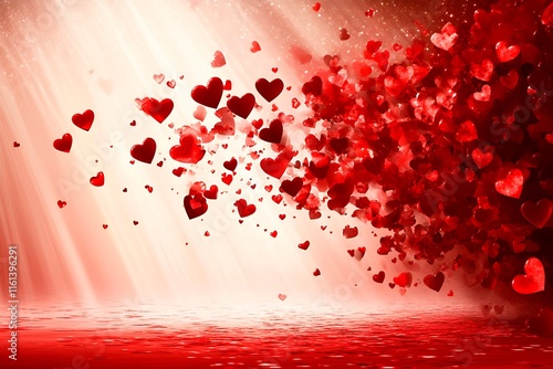 An abstract Valentine's Day background filled with swirling hearts in vibrant reds and pinks, evoking love and romance in a dreamy design.