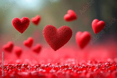 An abstract Valentine's Day background filled with swirling hearts in vibrant reds and pinks, evoking love and romance in a dreamy design.