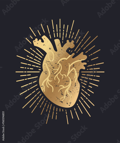 Romantic poster with golden shining anatomically correct human heart. Hand drawn textured on black background. For posters, postcards, banners, design elements