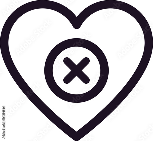 Minimalist line art icon of a heart shape with a cross symbolizing a broken heart, end of a relationship, lost love, or rejection, conveying feelings of sadness and heartbreak