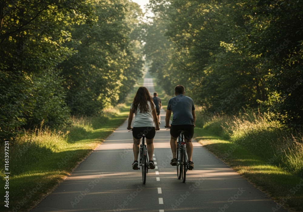 A serene back view of a group of cyclists riding together along a picturesque path, surrounded by lush greenery and scenic landscapes. The image evokes a sense of camaraderie, outdoor adventure