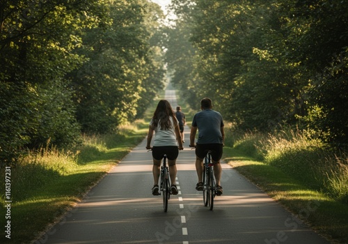 Obraz na płótnie A serene back view of a group of cyclists riding together along a picturesque path, surrounded by lush greenery and scenic landscapes. The image evokes a sense of camaraderie, outdoor adventure w salonie