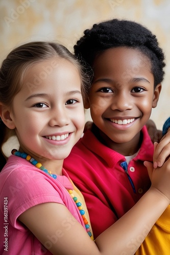 Two smiling children embracing each other 