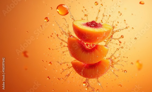 Fresh peach slices splashing in orange liquid