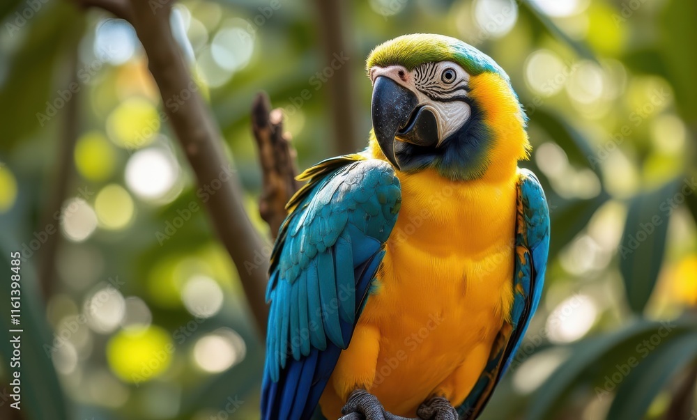 Vibrant parrot perched among lush greenery Vibrant parrot perched among lush greenery