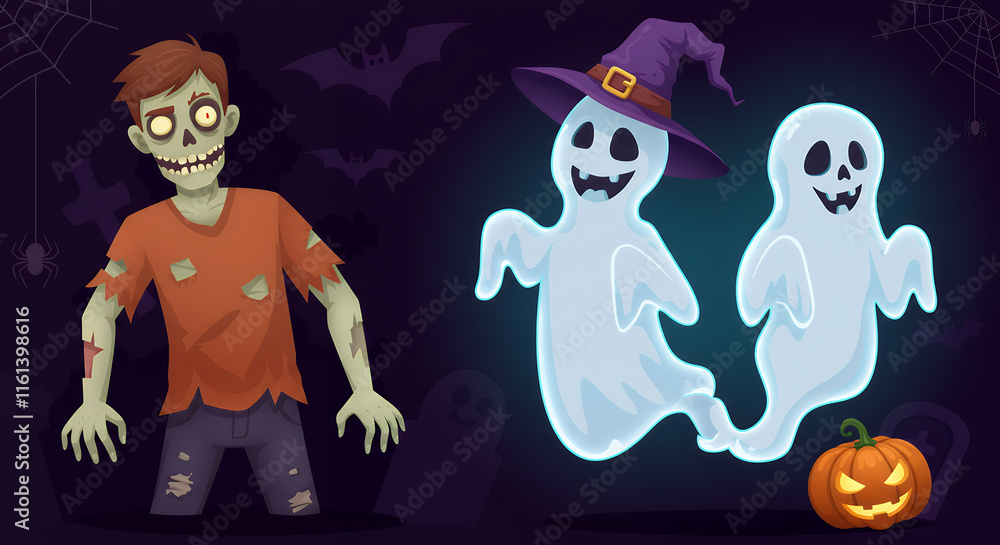 Spooky Halloween Zombie and Ghosts Illustration with Jack-o'-lantern Spooky Halloween Zombie and Ghosts Illustration with Jack-o'-lantern
