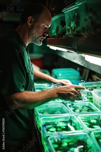 Aquatic Enthusiast Attends to Frag Coral Collection Under Green Lighting in Home Aquarium Setup photo