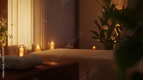 Serene Spa Room with Massage, Soft Candlelight, Fresh Flowers, and Warm Earthy Tones photo