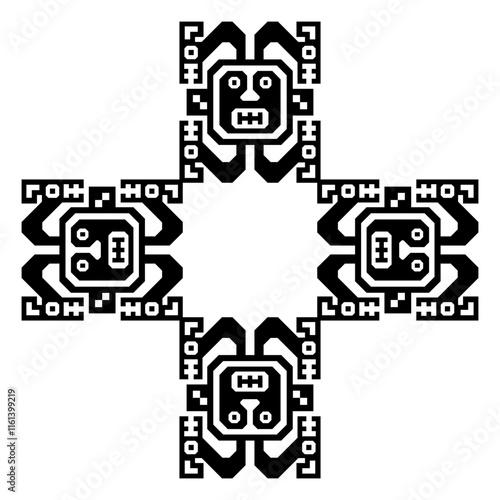 Square cross shape ethnic frame with ancient Peruvian motifs. Native American indigenous design from Recuay textile. Andean culture. Black and white silhouette.