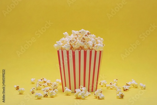 Bright Yellow Background with Striped Popcorn Bucket and Fresh Popcorn Scattered Around photo