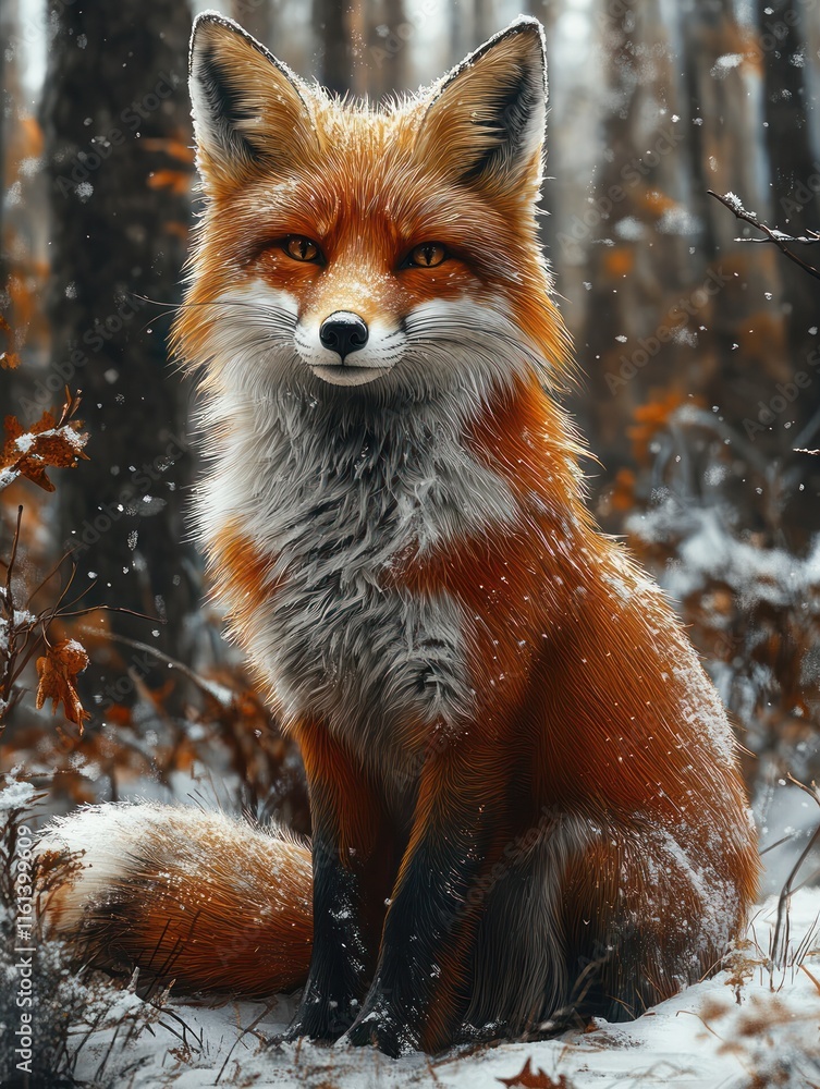 Fototapeta premium Red fox sitting in snowy winter forest. (1)
