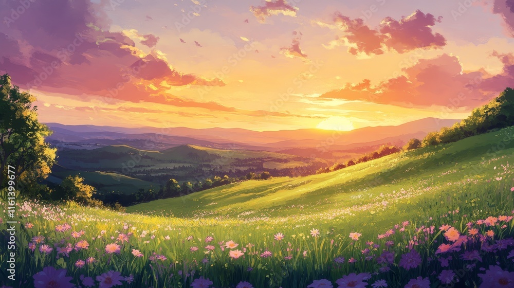 Obraz premium spring season green landscape of green field and meadow in a hill countryside with mountains and beautiful sunset sky on background