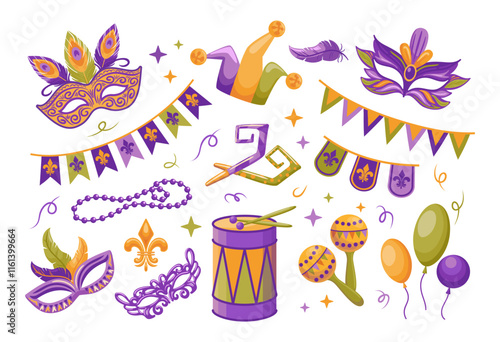 Great set for Mardi Gras celebration. Carnival masks. Garlands of flags. Musical instruments, balloons, beads. Vector illustration in flat style for sticker, postcard, design element