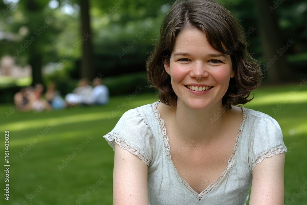 Smiling Woman Relaxing in a Park with Friends in the Background on a Sunny Day Smiling Woman Relaxing in a Park with Friends in the Background on a Sunny Day