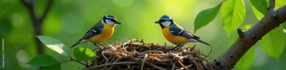 Birds building a nest with twigs and leaves together, natural, home, bird Birds building a nest with twigs and leaves together, natural, home, bird