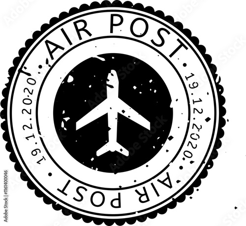 Round air post stamp featuring an airplane silhouette at the center and the date 19122020, evoking a sense of travel and delivery by airmail