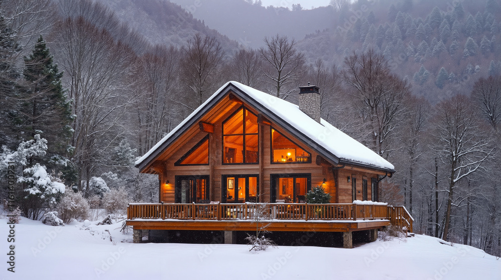 A log cabin in the middle of a snowy forest A log cabin in the middle of a snowy forest