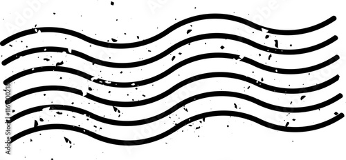 Four wavy black lines creating a vintage postal cancellation mark, featuring a grunge effect against a clean white background, evoke a sense of history and nostalgia