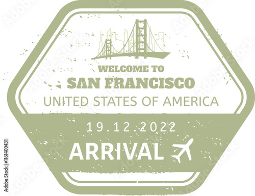 Hexagonal immigration arrival stamp in green with the Golden Gate Bridge celebrating travel to San Francisco, United States of America, on December 19, 2022