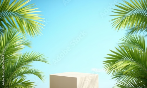 Empty pedestal surrounded by palm leaves photo