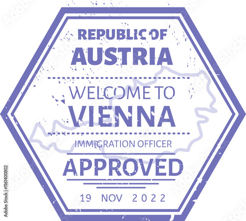 Hexagonal immigration stamp with the contour of Austria welcoming tourists to Vienna with an approved passport stamp issued by an immigration officer on November 19, 2022