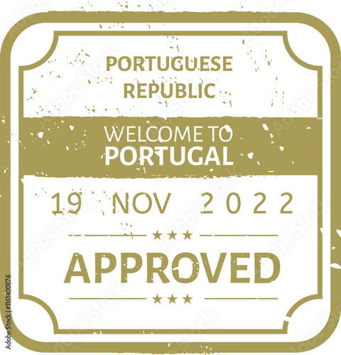 Golden grunge stamped representation of the Portuguese Republic, welcoming travelers to Portugal with a vintage design reflecting the nation s rich culture and history