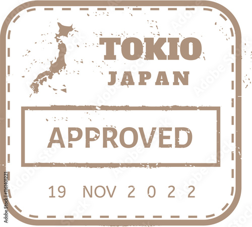 Brown grunge rubber stamp featuring the map of Japan with Tokio, Japan prominently displayed, marked with an approved sign and the date of November 19, 2022