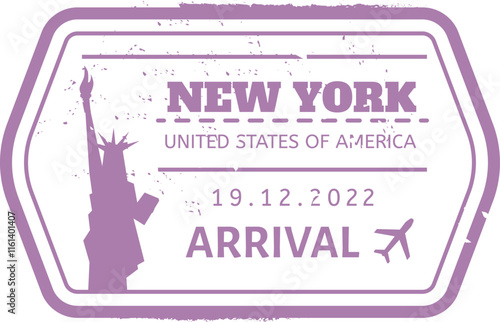 Purple arrival stamp for New York City, United States of America, with date and airplane icon, evoking international travel and immigration control