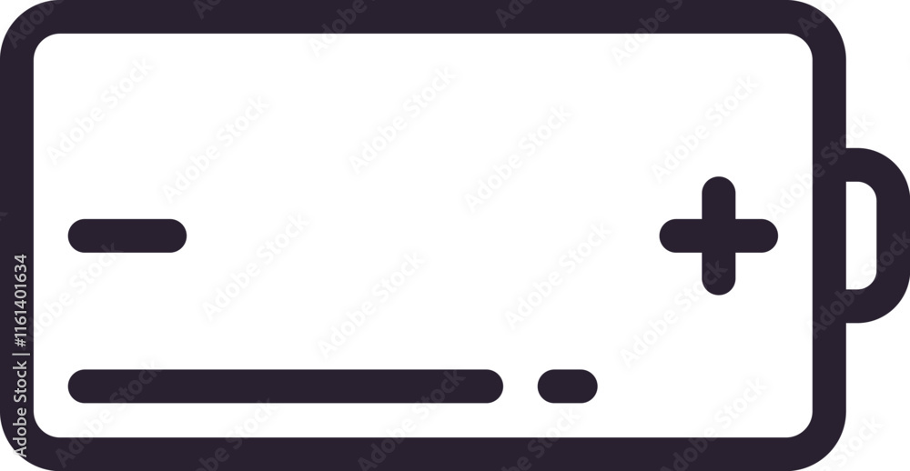 Simple battery icon indicating a low charge level, featuring prominent plus and minus symbols, suitable for various design projects related to power and energy Simple battery icon indicating a low charge level, featuring prominent plus and minus symbols, suitable for various design projects related to power and energy