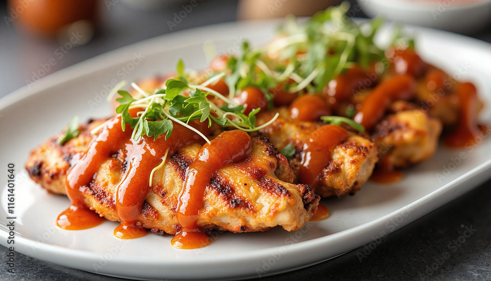Grilled chicken fillets drizzled with zesty sriracha sauce garnished with microgreens on a sleek white plate in a modern kitchen setting Grilled chicken fillets drizzled with zesty sriracha sauce garnished with microgreens on a sleek white plate in a modern kitchen setting