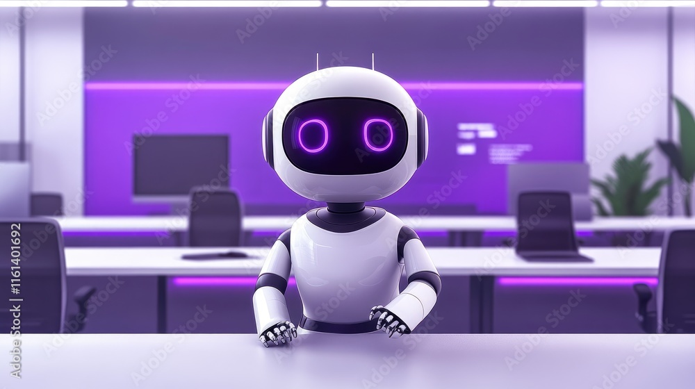 Fototapeta premium Futuristic Robot in Modern Office Setting with Purple Neon Lighting