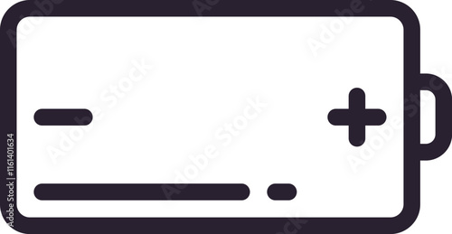 Simple battery icon indicating a low charge level, featuring prominent plus and minus symbols, suitable for various design projects related to power and energy