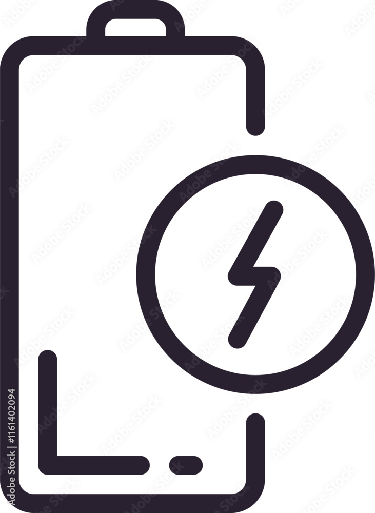Battery charging represented by a flash symbol, illustrating fast energy supply. Simple black and white thick line vector icon captures the essence of quick power delivery Battery charging represented by a flash symbol, illustrating fast energy supply. Simple black and white thick line vector icon captures the essence of quick power delivery