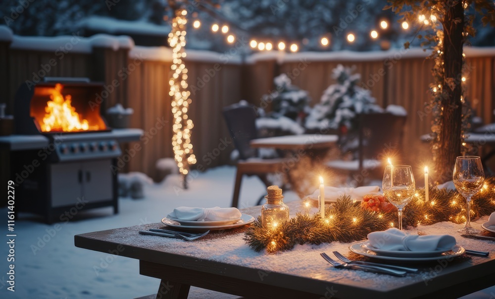 Winter evening outdoor dining setup Winter evening outdoor dining setup
