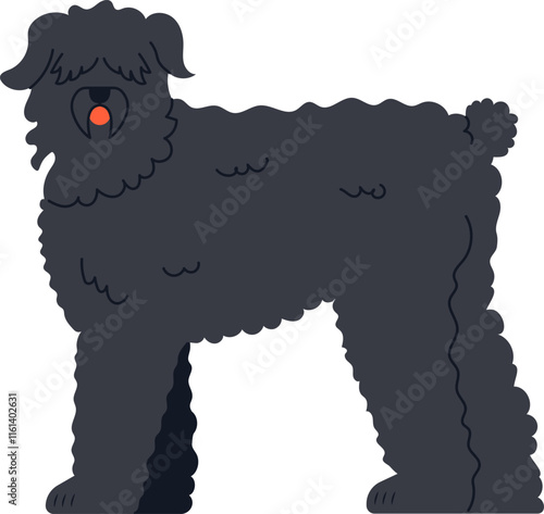 Black Russian Terrier standing with tongue out, panting and showing teeth, long and thick black fur covering its body, illustration on white background