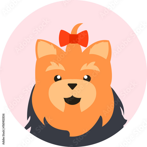 Portrait of adorable yorkshire terrier puppy wearing a red bow on its head, showcasing its charming and playful personality against a soft pink backdrop