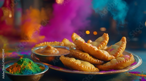 Delicious Gujiya pastries, a Holi festival treat, served with a sweet sauce. Vibrant colors of Holi powder surround the dish, creating a festive scene. photo