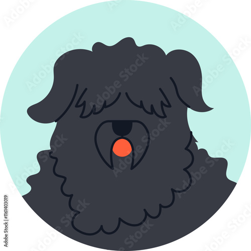 Minimalist vector illustration of a Black Russian Terrier panting with its tongue out, set against a light blue circular background, capturing the essence of this powerful breed