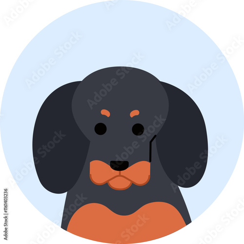 Minimalist vector illustration of a dachshund dog, presenting a frontal view of its head and upper body, set against a light blue circular backdrop