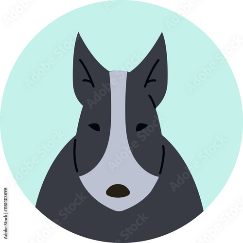 Portrait of a bull terrier dog gazing forward within a light green circle, featuring a minimalist vector illustration style that highlights its friendly and adorable characteristics