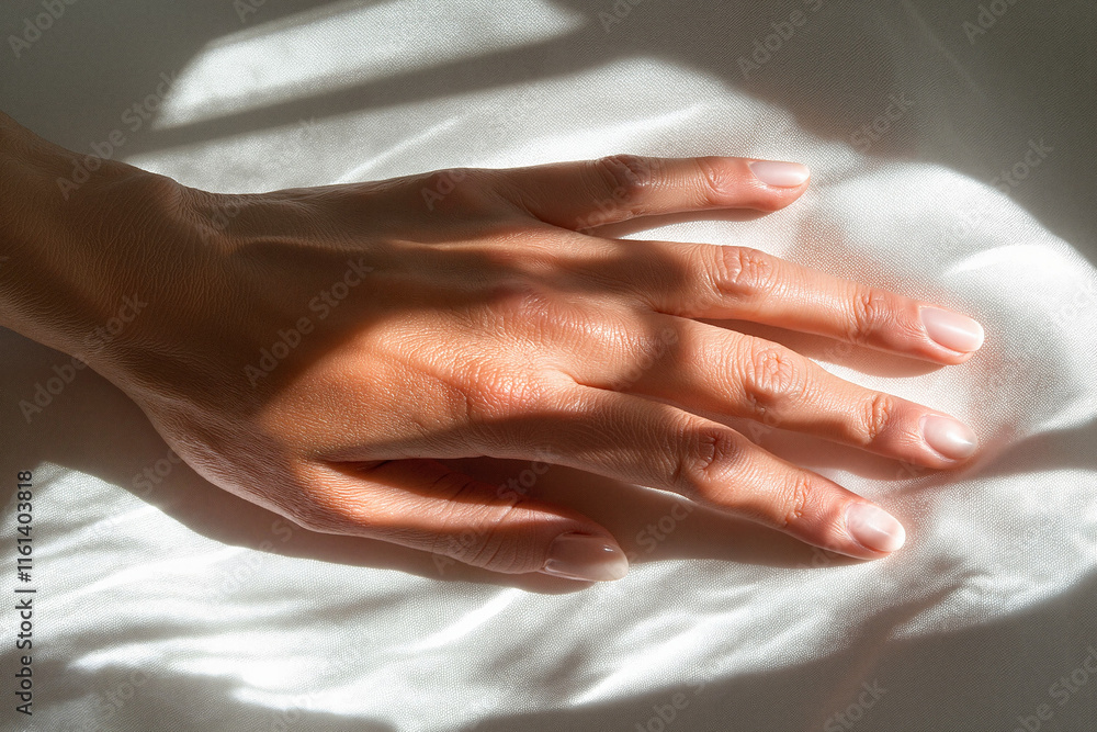 Fototapeta premium Gentle hand resting in soft sunlight on a white fabric.